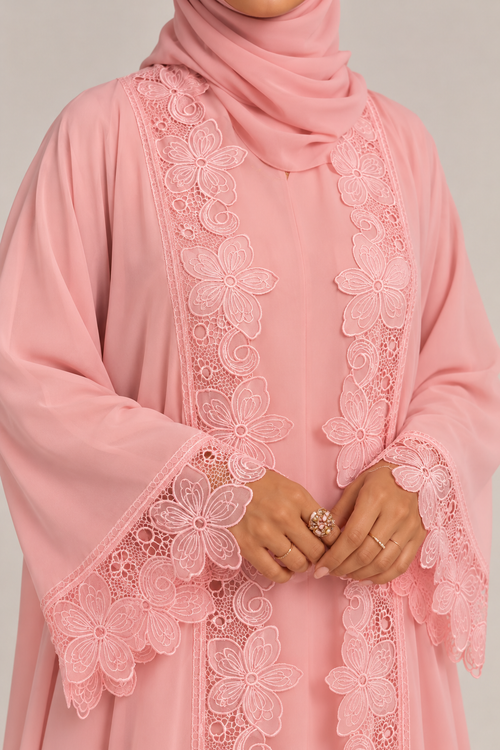 Baby Pink Flower Lace Abaya