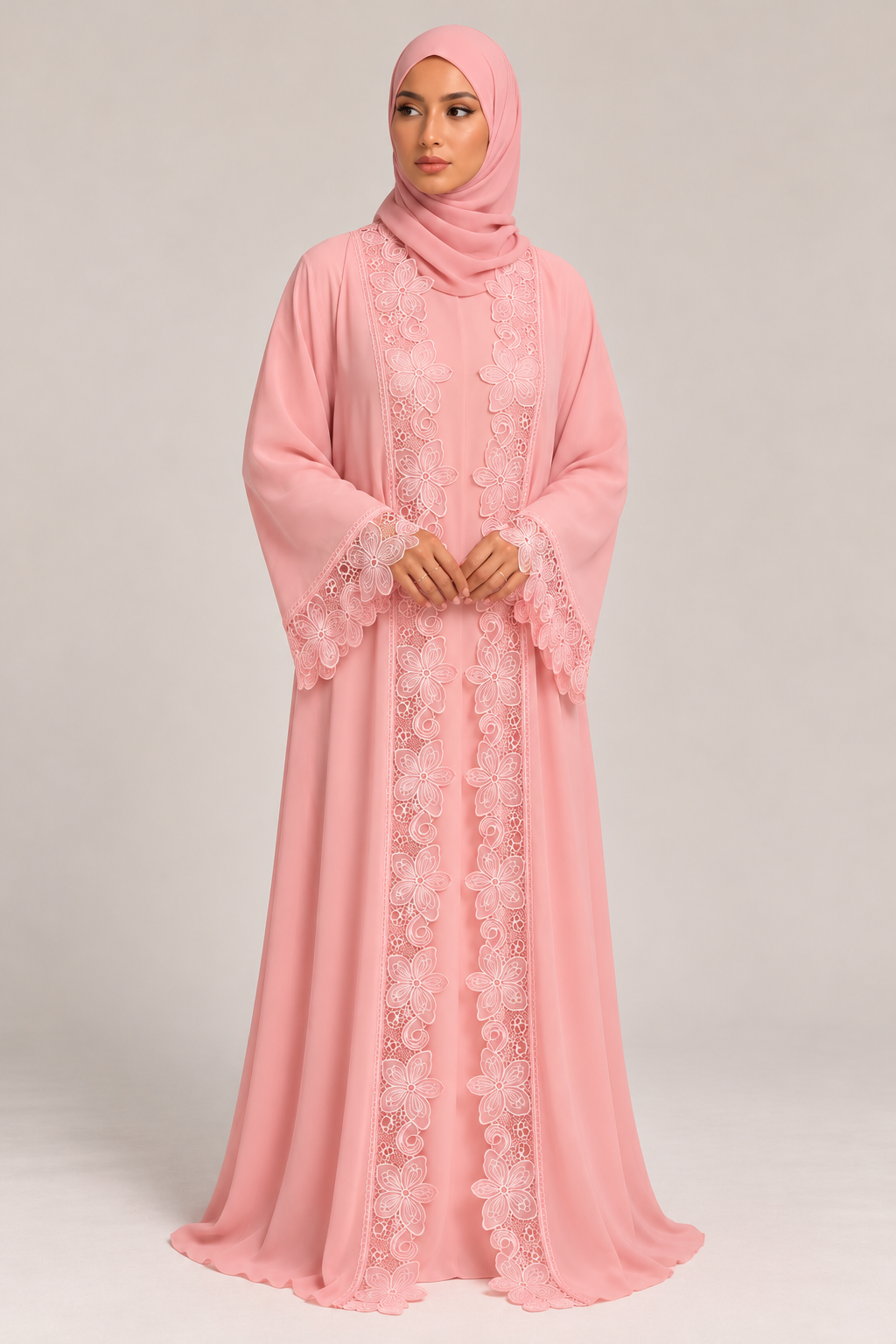 Baby Pink Flower Lace Abaya